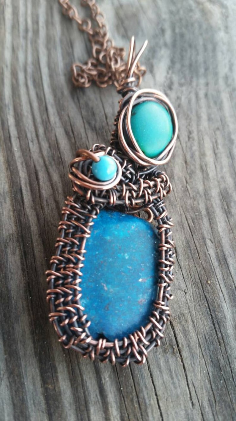 Turquoise Pendant Wire Weaved in Copper Setting. Antiqued for - Etsy