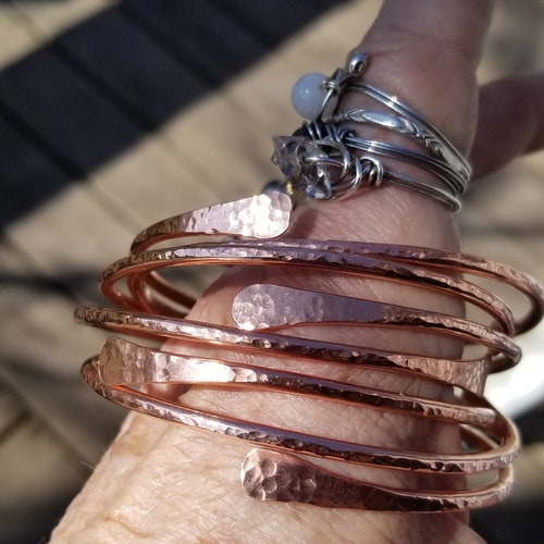 Hammered Copper Bypass Bangle Bracelet, Stackable, Lightweight