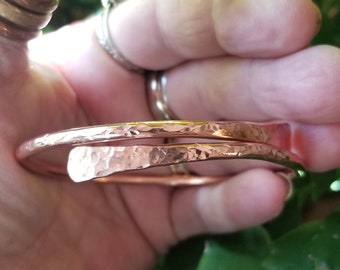 Hammered Copper bypass bangle bracelets, eight gauge copper, copper bracelets, overlap copper bangle mid weight, stackable arthritis bangle