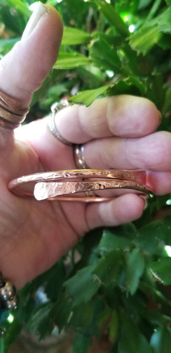 Hammered Copper Bypass Bracelet, 8 Gauge Shiny Raw Copper, Adjustable Stackable Bangle