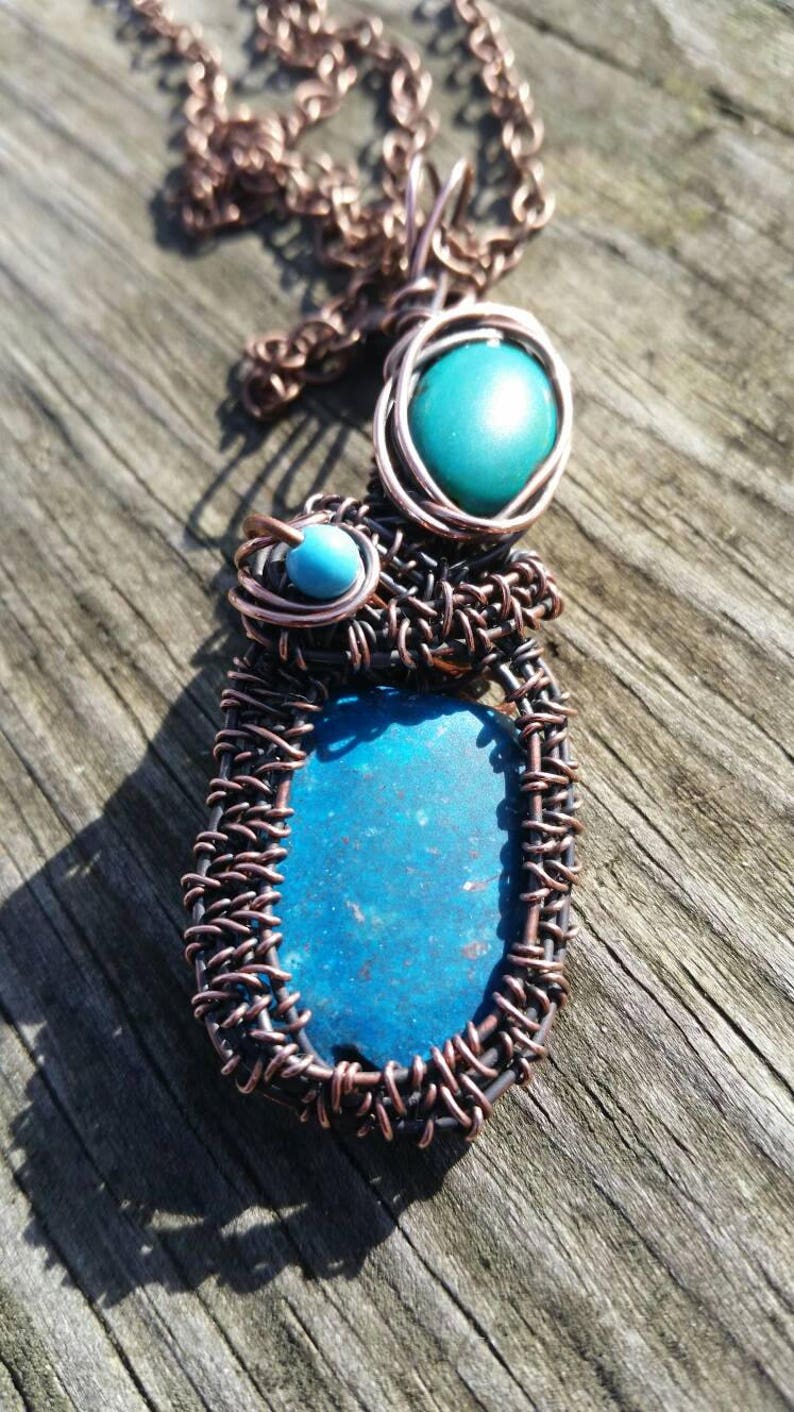 Turquoise Pendant Wire Weaved in Copper Setting. Antiqued for - Etsy