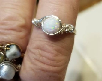 Opal bead ring, manmade opal bead ring,boho opal ring, stackable bead ring, white opal ring, october birthstone ring, wire wrap bead ring