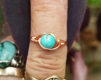 Minty blue turquoise bead ring, wire wrap bead ring, stackable bead ring, copper wrap ring, copper wire ring, light mint turquoise bead ring
