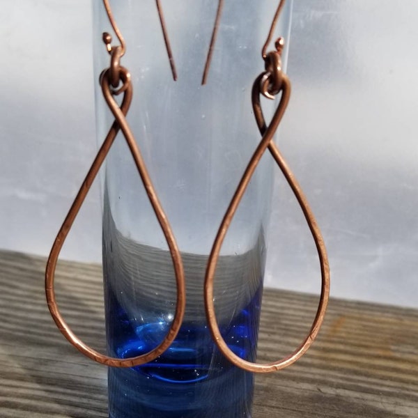 Copper long teardrop earrings heavy gauge copper earrings, rustic earrings, artisian earrings, copper boho earrings, hammered  earrings,