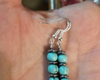 Turquoise earrings, Turquoise bead dangle earrings,turquoise and hematite  earrings, silver turquoise dangle bead earrings