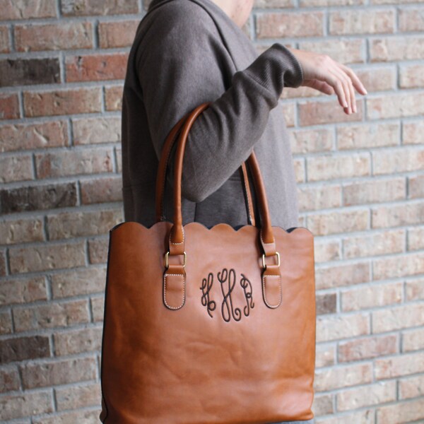 Monogrammed bag - monogrammed tote- brown leather like personalized bag