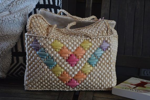 Vintage Rattan Rainbow Heart Tote Bag, Purse, Mark