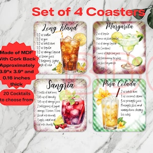 MDF Set of 4 Coasters - 4 Cocktail Recipe Square Coasters - Kitchen Decor - Cocktail Coasters - Gift for Her - Coaster Sets - Drink Coasters