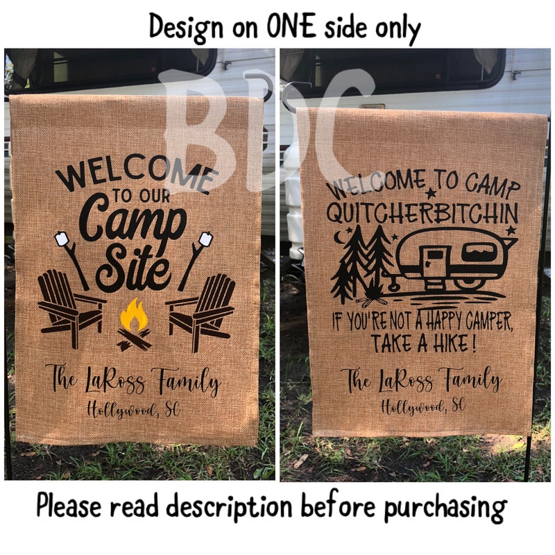 Personalized Camping Flag Sign - Gift Idea For Family/Camping Lover - Couple/Parents With Up to 2 Kids And 4 Dogs - This Is Our Happy Place