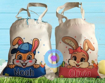 Personalized Easter Bunny Canvas Tote Bag - Easter Egg Hunt Basket