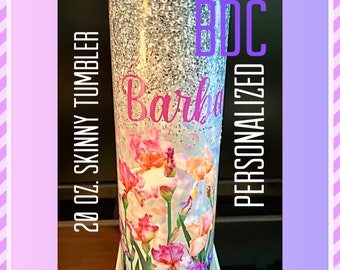 Personalized Iris Glitter 20 Oz Skinny Tumbler - Sublimated Floral Gift