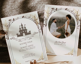FLORA Fairytale Wedding Invitation, Digital Theme Park Wedding Invite, Castle Modern Wedding Editable Template, 5x7