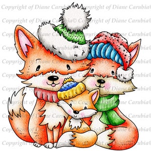 Three Chilli Foxes, noir et blanc, timbre numérique, téléchargement, renard, Noël, hiver, fabrication de cartes