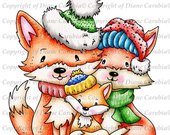 Three Chilli Foxes, black and white, digital stamp, download, fox, Christmas, winter, cardmaking