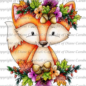 Autumn Wreath Foxy, Black and white, cardmaking, printable,