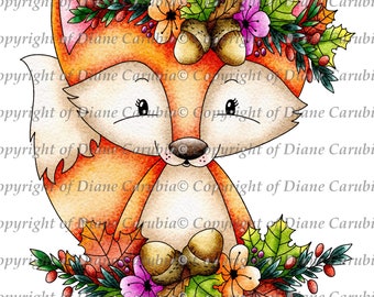 Autumn Wreath Foxy, Black and white, cardmaking, printable,