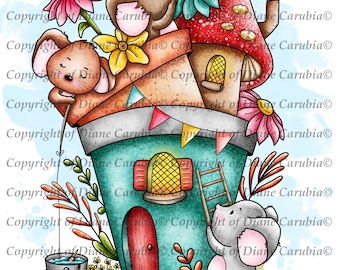 PlantPot House Mouse Black and white, digital stamp, printable, sublimation, mice