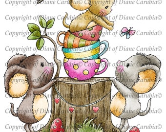 woodland mice tea, colour, digital stamp, download, sublimation, mice, printable, cute mice, precoloured