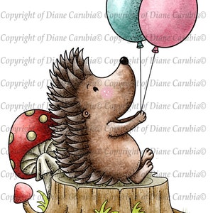 Hedgy et Balloons, noir et blanc, timbre numérique, sublimation, imprimable, hérisson, mignon
