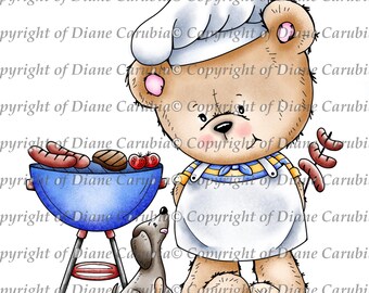 Barbeque Bear , black and white, digital stamp, cardmaking, colouring in , printable image, cute bear