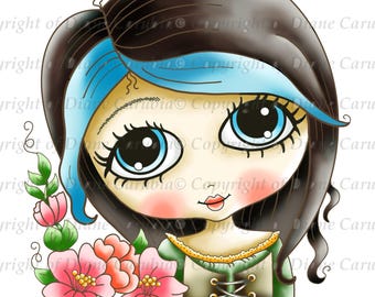 Meadow, digital stamp, black and white, printable, colouring, digi, cute, girl