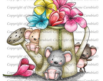 Wateringcan Mice, Coloured, digital stamp, digi, cardmaking, printable, mice