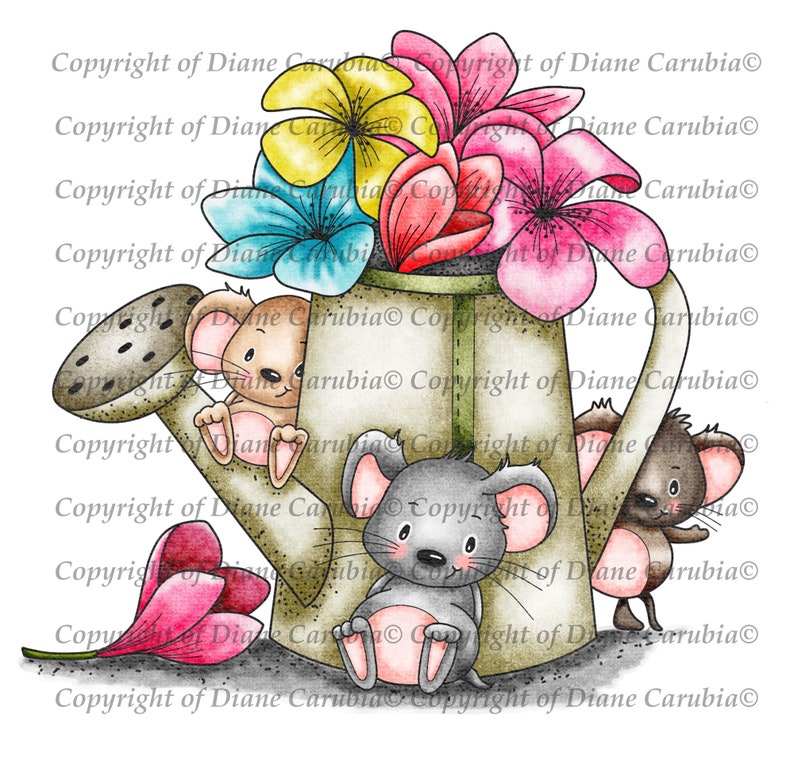 Wateringcan Mice, Coloured, digital stamp, digi, cardmaking, printable, mice image 1