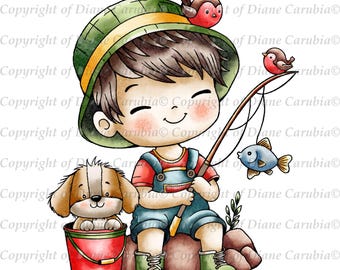 Funny Fishing, digital stamp, black and white, kids colouring page, boy digital stamp, cardmaking