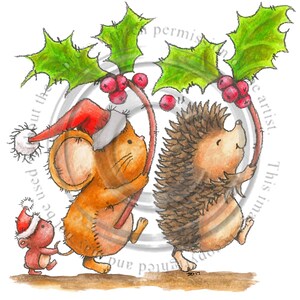Christmas Holly Parade, noir et blanc, Timbre numérique, télécharger, hérisson, souris