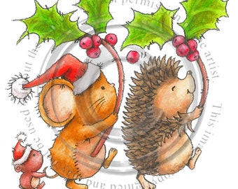 Christmas Holly Parade, schwarz weiß, Digital Stamp, Download, Igel, Mäuse