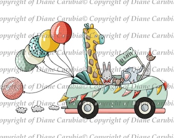 Critter Car Crew Black and white digital stamp, colouring page, printable, cardmaking jpeg