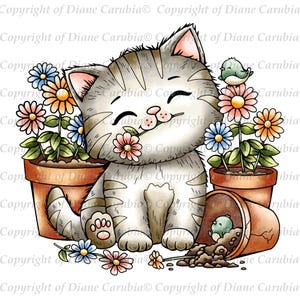 Petal pot Kitty, black and white, digital stamp, colouring stamp, outline stamp, cute stamps, kitten stamp