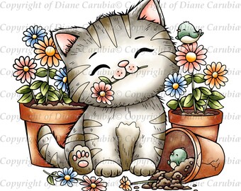 Petal pot Kitty, black and white, digital stamp, colouring stamp, outline stamp, cute stamps, kitten stamp