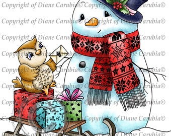 Owl and Snowman Digital Stamp: Black and White Christmas Printable (JPEG Download