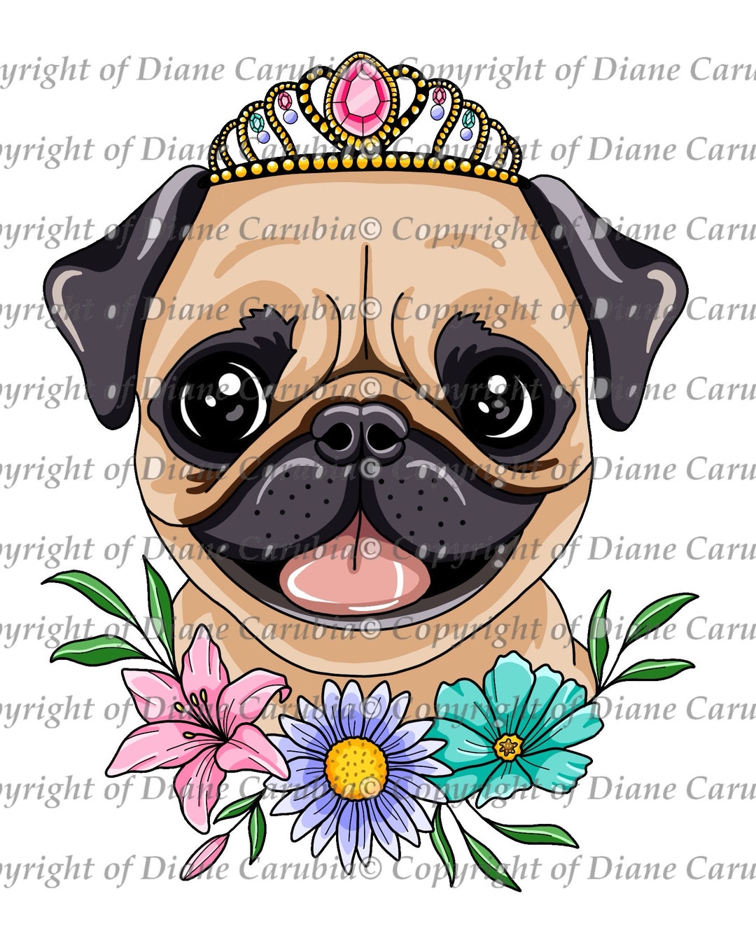 Pug Princess, Coloured, Digital, Printable, Dog, Sublimation
