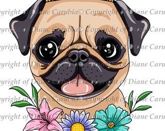 Pug Princess, coloured, digital, printable, dog