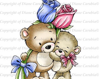 Rosebud Bears Digital Stamp, Printable Colouring Page (Digital Download)