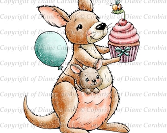 Kangaroo Cupcake, digital stamp, digi, printable, download, black and white, cardmaking