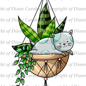 Kitty cesto appeso, mancanza e bianco, gatto, pianta, stampabile, download