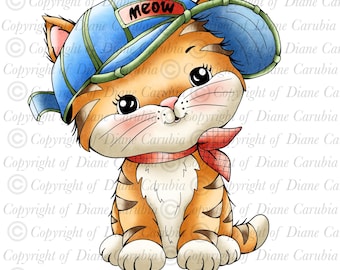 Scoutt Kitty, black and white digital stamp, colouring page, JPEG printable
