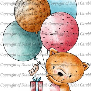 Kitty Balloons, black and white, kitty, digital stamp, sublimation, cardmaking, download, printable