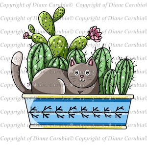 Cactus Kitty, sello digital, coloreado, imprimible, bonito, sublimación, manualidades, scrapbooking