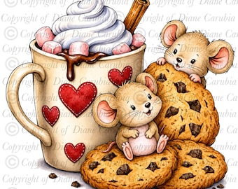 Hot Chocolate and cookies, black and white digital stamp, printable colouring, JPEG