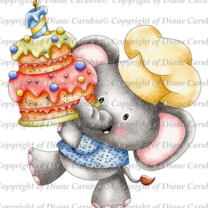 Pastel de cumpleaños de Ellie, sello digital, blanco y negro, elefante, fabricación de tarjetas, sublimación, imprimible
