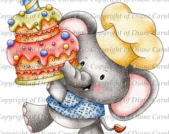 Ellie Birthday cake, digital stamp, black and white, elephant, cardmaking, sublimation, prinatble