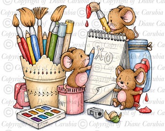 Squeaks and Craft Mice, black and white digital stamp, JPEG, colouring page, printable