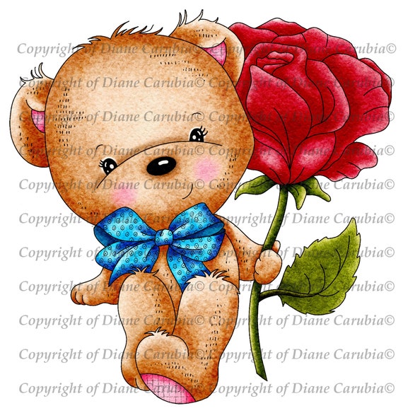 Teddy Rose, Coloured, Digital Stamp, Pre Coloured Bear, Printable