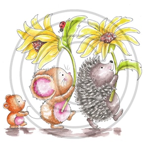 Daisy Trail, timbre numérique, hérisson, souris, imprimable, noir et blanc, défilé