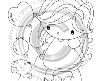 Abby and Balloon Bear, Digital stamp, Download