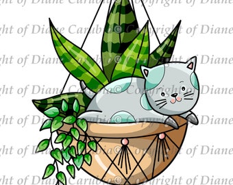 hanging Basket Kitty, coloured, digital stamp, printable, download